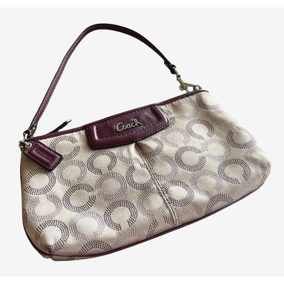 COACH Dotted Op Art Khaki Canvas Plum Purple Leather Large Wristlet + Bag Charm - Picture 1 of 6